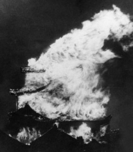 The bombings of the Castle during World War II by the U.S. Army Air Forces destroyed Nagoya Castle in 1945.  (Photo from Wikipedia article)